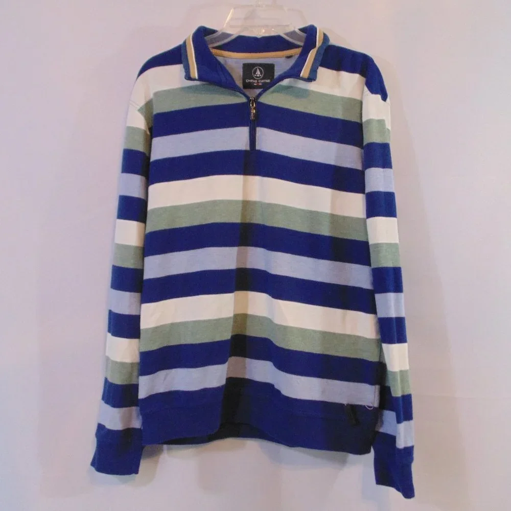 Chris Cayne 1/4 zip long sleeve sweater Large Blue/green/white Stripe - Picture 1 of 8